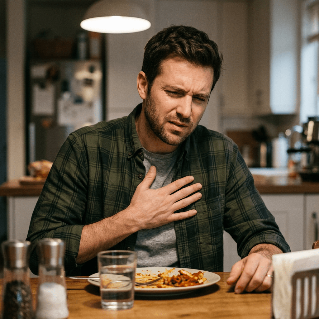 Man sitting at a kitchen table holding his chest in discomfort with a plate of food in front of him