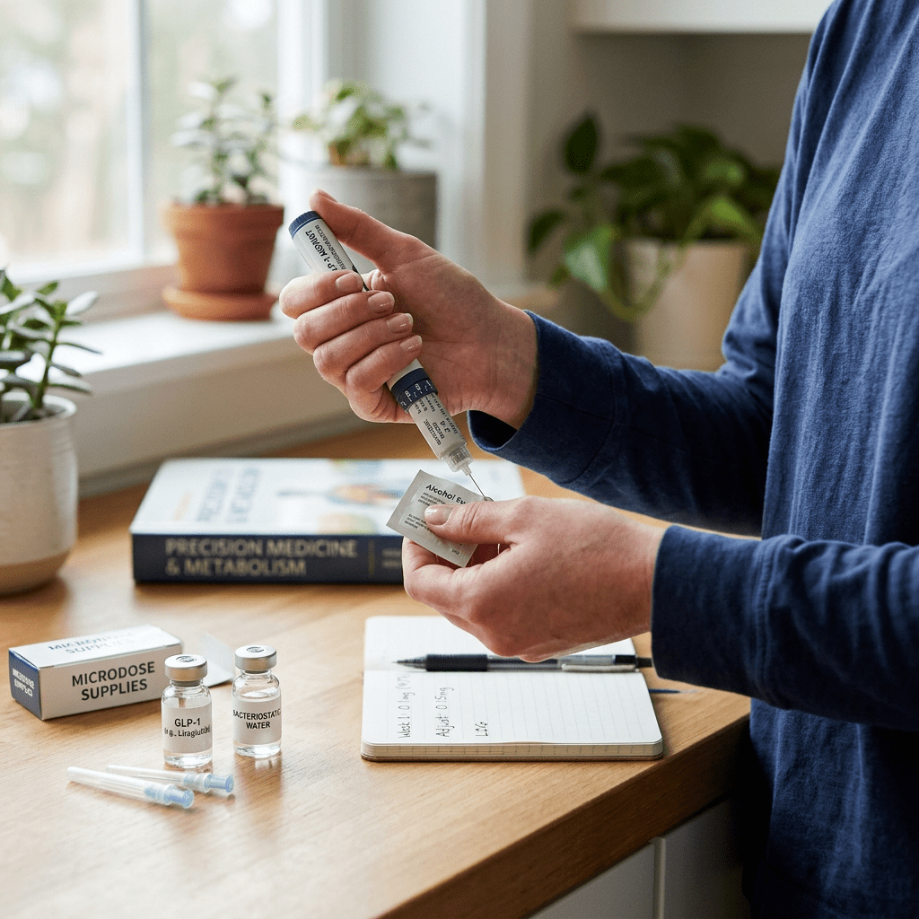 Person filling a syringe with microdose liquid, medical supplies and notebook on table